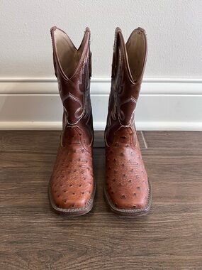 Boys Roper Brown Ostrich Print Cowboy Boots